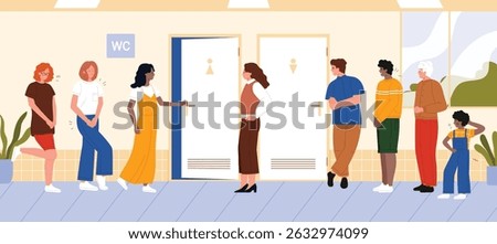Queue for public toilet, people waiting at WC door. Female and male characters crowd standing in row in restroom corridor to wait, young woman holding belly in pain cartoon vector illustration