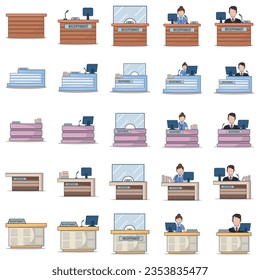 Queue at reception flat vector illustration. People waiting in line at the front desk cartoon characters. Airport terminal, hotel registration desk design element. Friendly receptionists help clients.