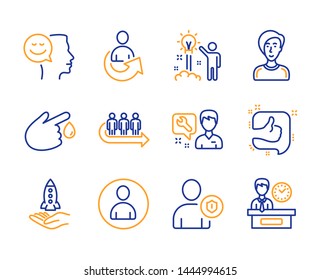 Queue, Repairman and Avatar icons simple set. Share, Like and Businesswoman person signs. Blood donation, Good mood and Security symbols. Creative idea, Crowdfunding and Presentation time. Vector