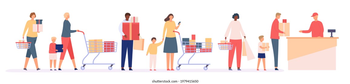 Queue in shop. Supermarket store with customers in long line to cashier. People with shopping bag and boxes. Discount in mall vector. Queue in supermarket, cashier and people in line illustration