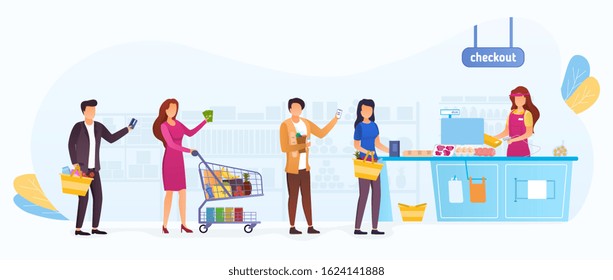 Queue of shoppers in a supermarket, waiting to pay for their groceries at the cashier with baskets and shopping trolleys in a colorful cartoon vector panorama illustration