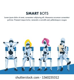 Queue of Smart Robot Sit Wait for Job Interview. Pensive Nervous and Relaxed Artificial Intelligence on Chair Hold Resume. Male and Female Office Bot. Cartoon Flat Vector Illustration