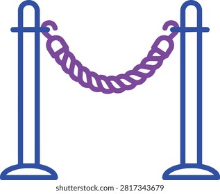 Queue stanchion poles with purple rope vector icon for crowd control and VIP entrance.