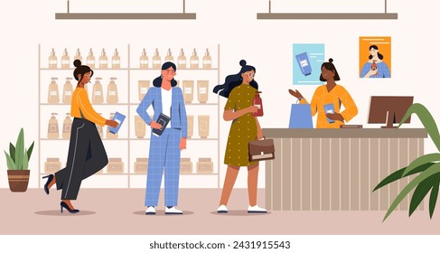 Queue in store concept. People standing and waiting in line with cosmetic products. Customers and seller in market. Retail and marketing, commerce. Cartoon flat vector illustration