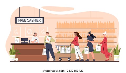 Queue at store or shop concept. Men and women with baskets and bags of groceries. Free cashier with clients and buyers. Shopping mall with groceries. Cartoon flat vector illustration