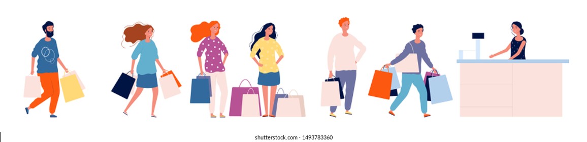 Queue store. Shopping people with products standing at counter shopper happy crowd queue vector collection