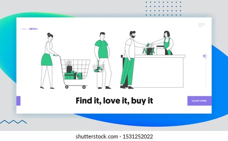 Queue in Store Website Landing Page. Customers Stand at Grocery or Supermarket Turn with Goods in Shopping Trolley Put Buys on Cashier Desk Web Page Banner. Cartoon Flat Vector Illustration, Line Art