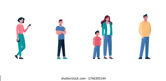 Queue, subject to social distance. Men, women, a child stand in line, keep a distance of 1-2 m. To protect against the spread of viruses, including coronavirus. Vector illustration