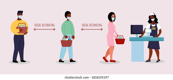 queue at the supermarket. African black. Social Distancing, People keeping distance for infection risk and disease, wearing a surgical protective Medical mask. Cartoon vector