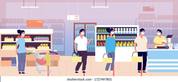 Queue in supermarket cashier. Grocery store customers carts. People in protective masks keep distance. Pandemic or global coronavirus epidemic. Shoppers in waiting line vector