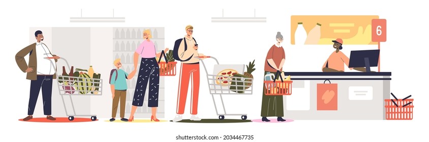 Queue in supermarket at counter desk. People in grocery retail store waiting to pay for food at cashier. Customers with baskets and shopping carts. Cartoon flat vector illustration