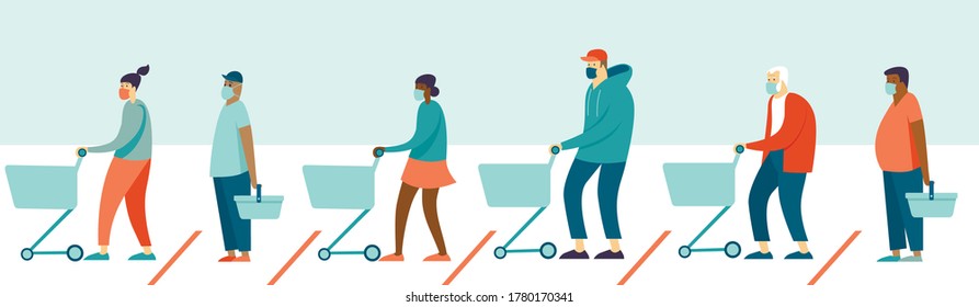 Queue in supermarket store. People with grocery carts  wearing protective medical masks keeping safe distance. Quarantine coronavirus COVID-19 2019-nCoV in the store social distancing epidemic precaut