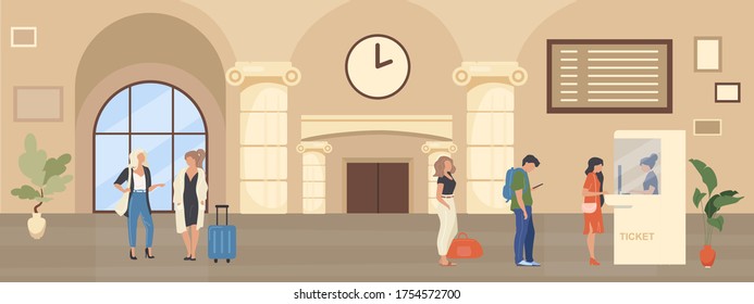 Queue to ticket booth flat color vector illustration. People wait inside railway terminal to buy pass for commuter. Booking service. Passenger 2D cartoon characters with interior on background