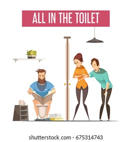 Queue at toilet design concept with people waiting at front toilet and man reading newspaper on lavatory flat vector illustration 