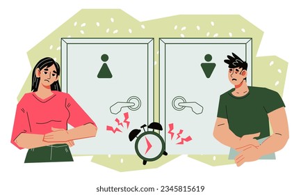 Queue to toilet with people wait at Wc door. Man and woman feel full bladder or stomach seething, have urge to visit lavatory room, flat cartoon vector illustration isolated on white background.