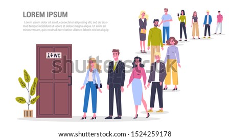 Queue to the toilet. People waiting at the WC door. Public restroom. Isolated vector illustration in flat style