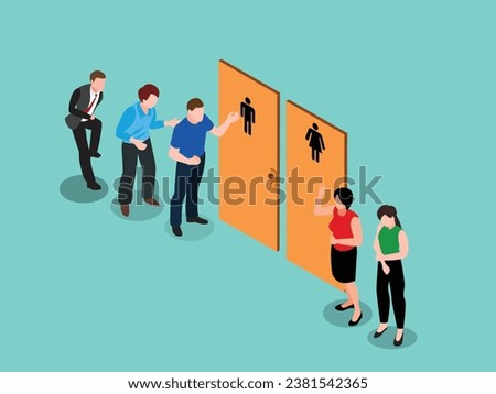 Queue To Toilet, People Waiting At Wc Door Stand In Line isometric 3d vector concept for illustration, banner, website, landing page, flyer, etc.