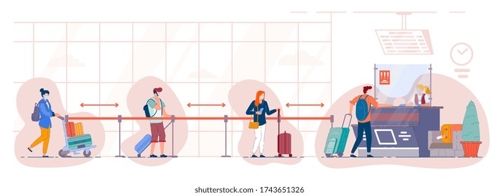 Queue of tourists at the departure check-in desk at the airport. People in medical mask stand in the luggage drop-off line at terminal and maintain a social distance. Travel during pandemic situation.