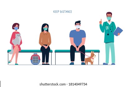 The queue to the veterinary clinic. People with pets are waiting on the bench, keeping their distance so as not to spread the virus. Owners of cats and dogs listen to the veterinarian. Flat vector.