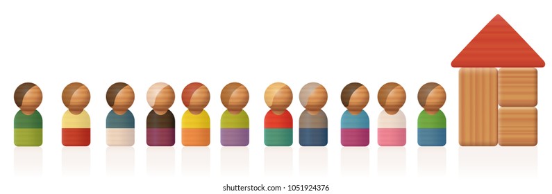 Queue or waiting line with toy figures and building blocks - isolated vector illustration on white background.