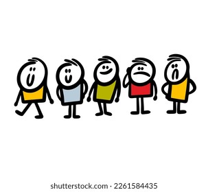 Queue of waiting people in colorful clothes with positive and negative emotions. Vector illustration of stickman crowd.