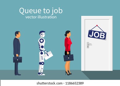 Queue to work man woman and robot. Future cooperation. Artificial intelligence. Standing in front of the door to work. Job search. Competition for place at work. Vector illustration flat design.