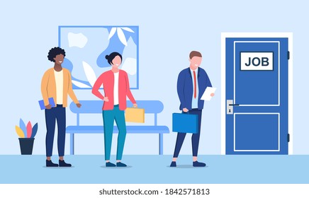 Queue to work multiracial man and women. Future cooperation. Standing in front of the door to work. Job search, hiring. Competition for place at work. Flat cartoon vector illustration
