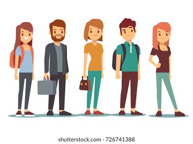 Queue of young people. Waiting women and men standing in line. Queue wait woman and man. Vector illustration