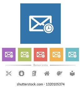 Queued mail flat white icons in square backgrounds. 6 bonus icons included.