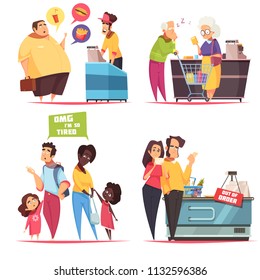 Queues characters concept 4 icons set with old young couples in supermarket and fastfood lines vector illustration 