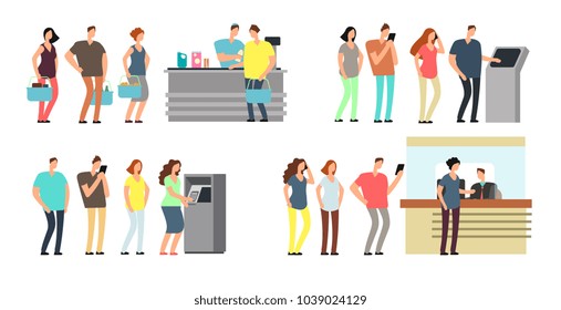 Queues Of People Vector Set. Man And Woman Standing In Line At Atm, Terminal And Bank Vector Cartoon Icons Set. Queue Man And Woman To Atm Bank, Finance Banking Counter Illustration