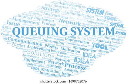 Queuing System typography vector word cloud.