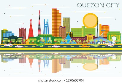 Quezon City Philippines City Skyline with Color Buildingsб Blue Sky and Reflections. Vector Illustration. Business Travel and Tourism Illustration with Modern Architecture. Quezon City Cityscape.