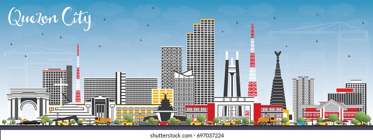 Quezon City Philippines Skyline with Gray Buildings and Blue Sky. Vector Illustration. Business Travel and Tourism Illustration with Modern Architecture.