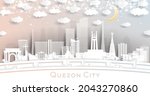 Quezon City Philippines Skyline in Paper Cut Style with White Buildings, Moon and Neon Garland. Vector Illustration. Travel and Tourism Concept. Quezon City Cityscape with Landmarks.