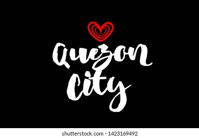 Quezon City  city text with red love heart design on black background for typographic logo icon design