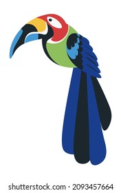 Queztal bird or macaw, Puerto Rican Parrot with long tail and crooked claw. Isolated exotic avian animal, zoo or pet shop, realistic toucan with colorful feathers on body and tail. Vector in flat
