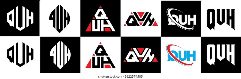 QUH letter logo design in six style. QUH polygon, circle, triangle, hexagon, flat and simple style with black and white color variation letter logo set in one artboard. QUH minimalist and classic logo