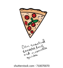 Quiche with basil and mozzarella  in hand drawn doodle style for pizzeria, menu and creative design. Vector illustration. 