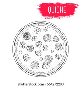 Quiche hand drawn vector illustration. French cuisine dish. Design sketch element.
