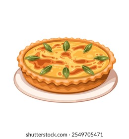 Quiche Lorraine, receita francesa de desenho animado de torta salgada. Placa de tarte com crosta de massa cozida, presunto de bacon, ovo e creme de recheio. Cozinha da França mascote, desenho animado clássico quiche vetor ilustração