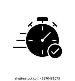 Icono de aprobación rápida. Estilo sólido simple. Stopwatch, reloj, transferencia rápida, transacción rápida, concepto de negocio. Silueta negra, símbolo de glifo. Ilustración vectorial aislada en fondo blanco.