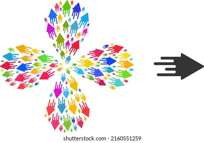 Quick arrow icon bright rotation flower with 4 petals composition. Object flower with four petals created from scattered quick arrow items. Vector flower icon collage in flat style.