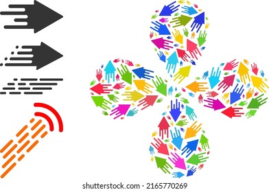 Quick arrow icon colored swirl flower cluster shape. Object flower with 4 petals composed from scattered quick arrow icons. Vector flower icon collage in flat style.