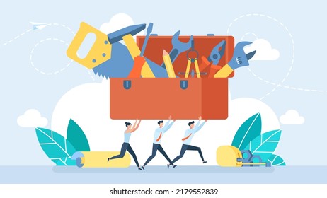 Quick assistance in repair and maintenance. Tiny characters carry a toolbox. Workman's toolkit. Red toolbox with instruments inside. Tool chest with hand tools. Set building tools repair. Flat Vector