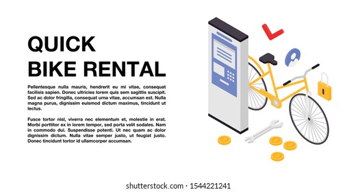 Quick bike rental concept banner. Isometric illustration of quick bike rental vector concept banner for web design