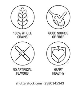 Quick breakfast. 100 whole grains, No artificial flavors, Good source of fiber, Heart healthy - icons set for breakfast cereals, in yellow shapes and in thin line. 