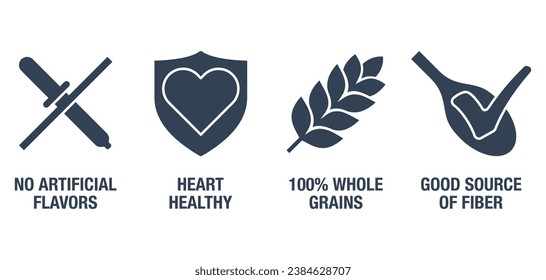 Desayuno rápido. 100 granos enteros, sin aromas artificiales, buena fuente de fibra, corazón sano - íconos fijados para los cereales del desayuno, en un estilo plano monocromo