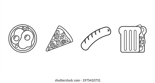 Quick breakfast, various simple dishes, black and white icons on white background. Fried egg, slice of pizza, sandwich, sausage. Logo of fast food. Delicious breakfast. Flat vector illustration