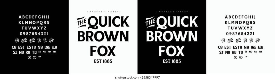 The Quick Brown Fox: Bold and custom font template with strong, striking typography. Includes ligature templates and connectors like The, From, With, Or, To, And. Designed in an all-uppercase style